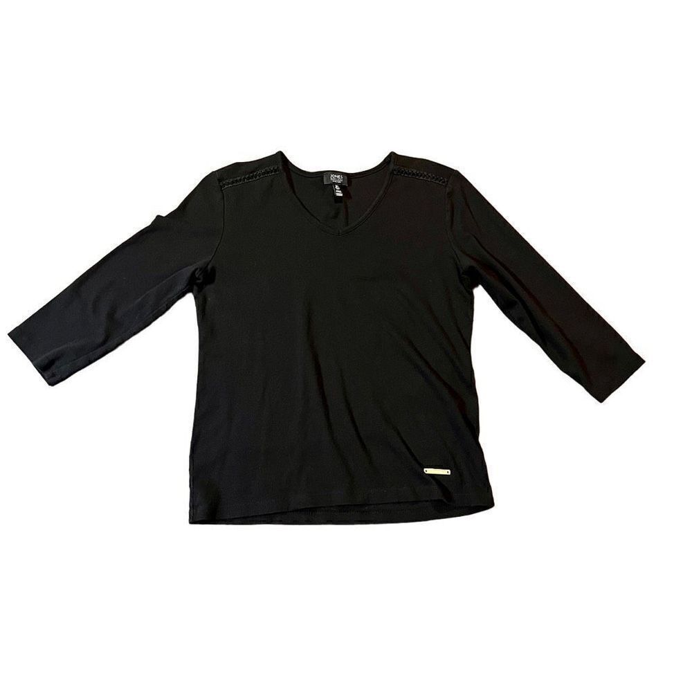 Jones New York 3/4 Sleeves Embellishment At Shoulder Black Shirt